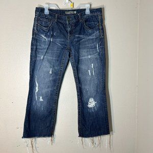 BKE Denim Jeans SZ 32 Blue Sabrina Stretch Flare Bootcut Cropped Distressed
